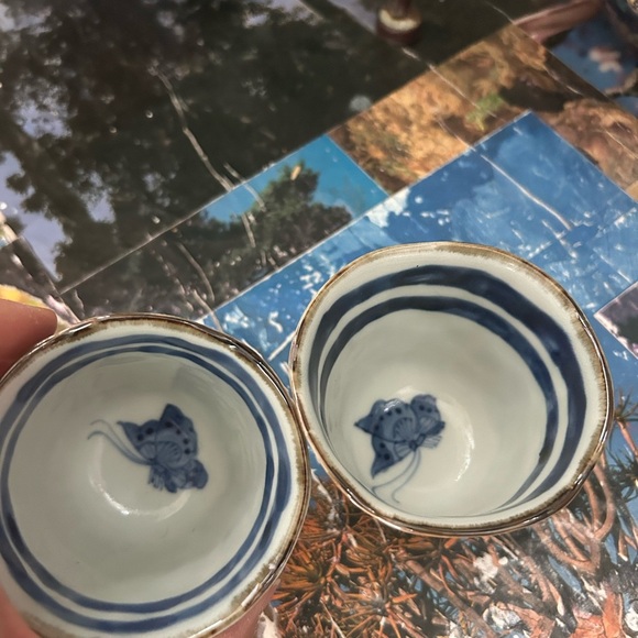 Vintage Japanese Yunomi Tea Cups Pair Stoneware Striped 3" Handmade Pottery - Picture 9 of 16